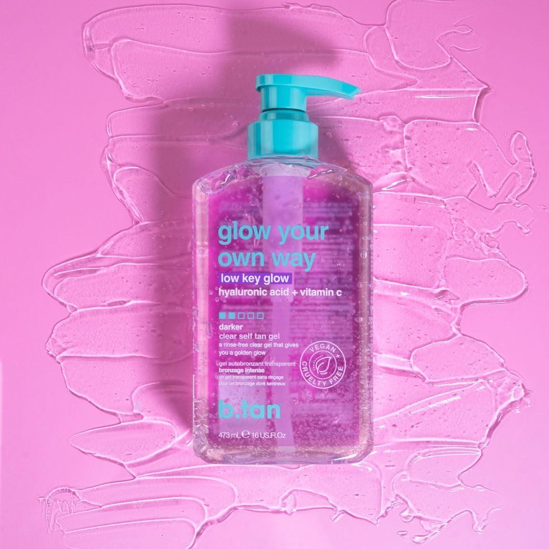 B.TAN b.tan Dark Clear Self Tan Gel | Glow Your Own way, Low Key Glow - Transfer-Resistant Sunless Tanning Gel, Gradual Darker Bronze, Packed with Hyaluronic acid & Vitamin C, 16 Fl Oz