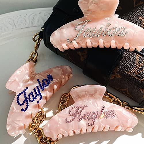 BAMERAL Custom Hair Claw Clips, Personalized Name Large Hair Claw Clips, Rhinestone Letter Claw Clips for Women Thick Hair Strong Hold Hair Accessories for Women (Light Shell Pink)