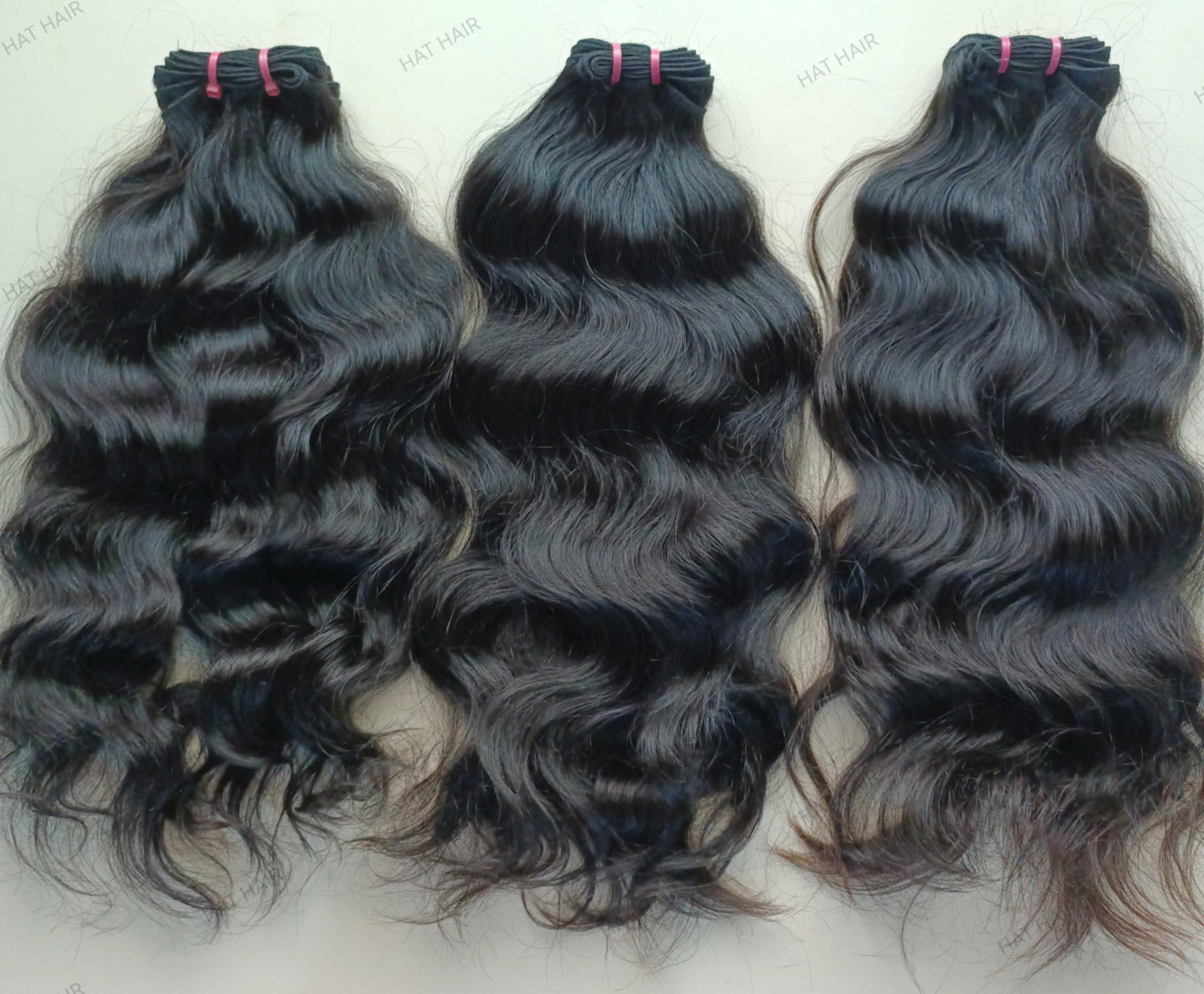 Generic 3 Bundles Indian Wavy Human Hair Extensions 300 grams - 330 grams Unprocessed Raw Hair Weft Human Hair Extensions Natural Black Color (22/24/26 Inches)