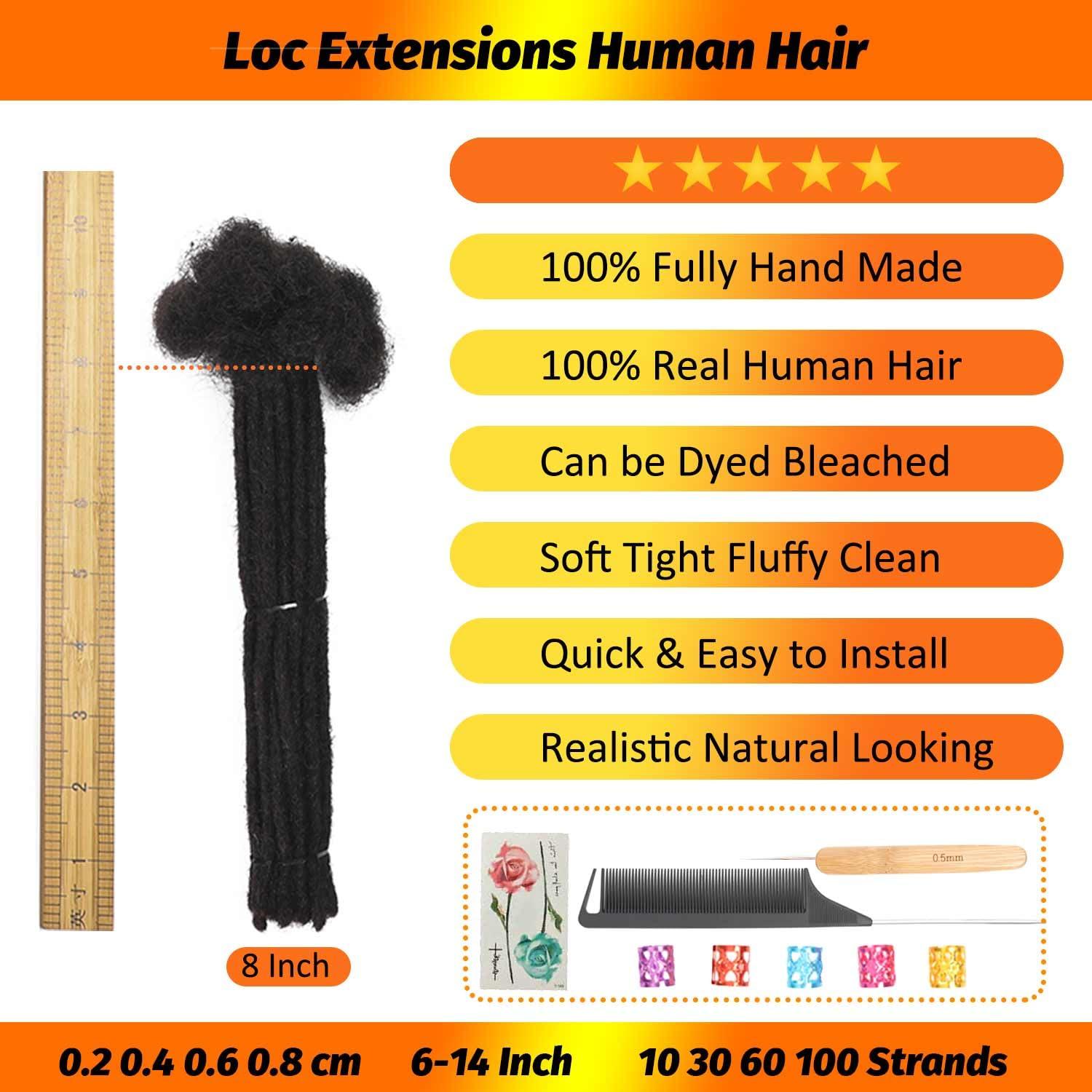 LIKIMIYA Loc Extensions Human Hair Dreadlock Extensions Human Hair Loc Extensions Dreads Extensions for Men Women Kids Real Human Hair Locs Handmade Permanent Locs 0.4 cm 8 Inch (1B 20 Locs, T30 10 Locs)