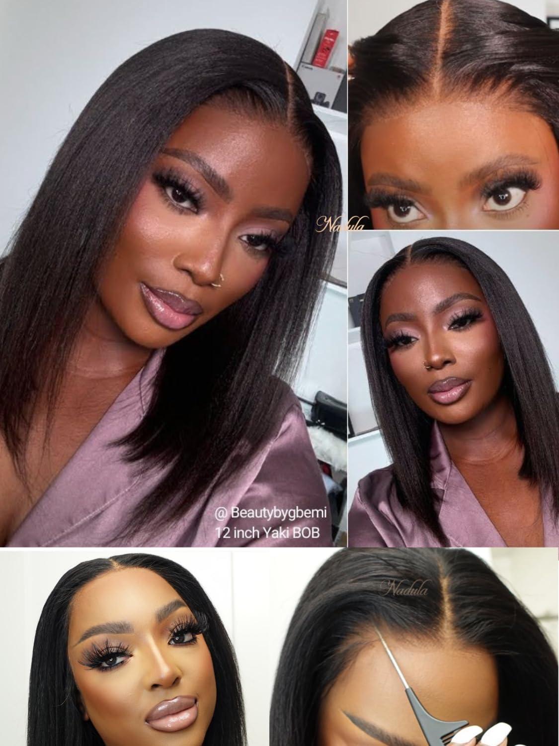 Nadula Nadula Bye Bye Knots Glueless Yaki Straight Bob 7x5 Lace Front Wigs Human Hair Pre Plucked Invisible Knots Pre Everything 3S Ready to Wear Short Yaki Bob Wigs Pre Cut 150% Density 12inch