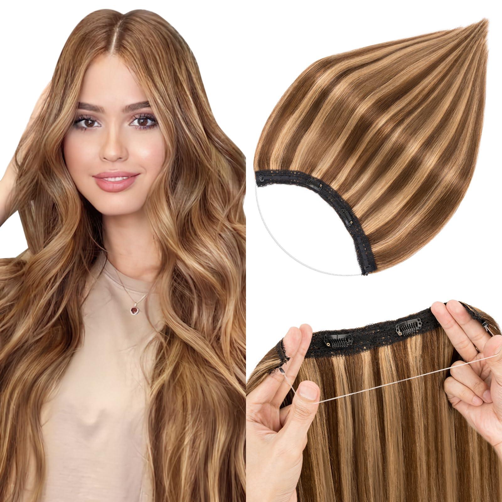 prokyvity Halo Hair Extensions Real Human Hair,Prokyvity Halo Hair Extension 100% Human Hair,Halo Extensions Real Human Hair,Human Hair Halo Extensions,4P27 Medium Brown Mixed Dark Blonde 20inch