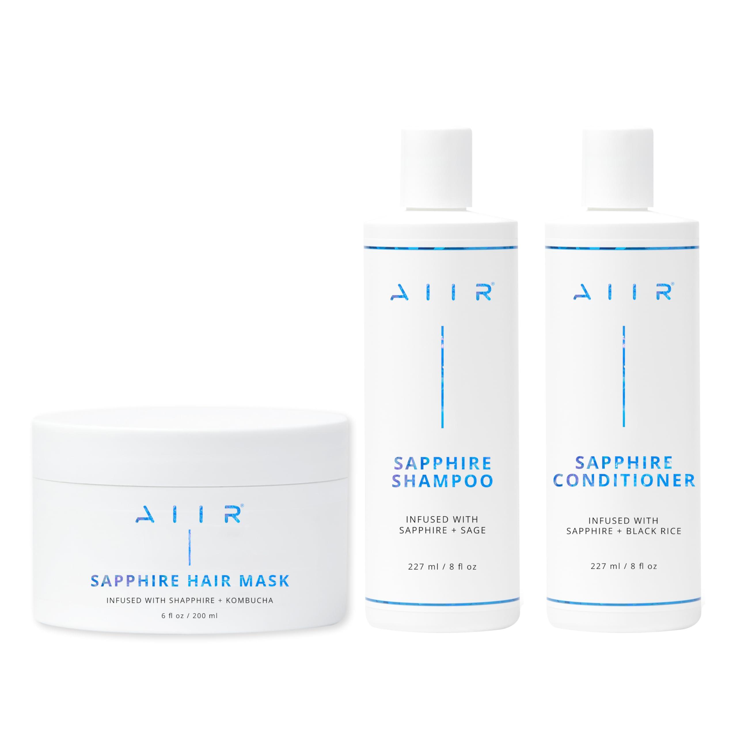 AIIR AIIR Sapphire Shampoo, Conditioner & Mask Bundle, Color Treated & Damaged Hair, Strengthen & Repair with Coconut Oil, Sulfate Free, Crystal Infused for Stronger, Healthier and Shinier Hair