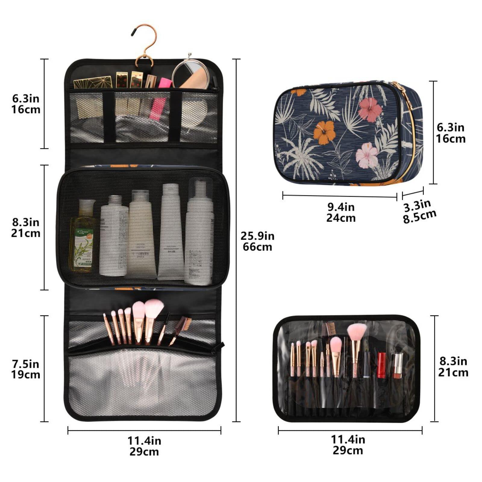 Oyihfvs Trendy Hawaii Tropical Exotic Hibiscus Flowers with Palm Leaves 3 PCs Set Toiletry bags, 1 Women\'s Travel Cosmetic Bag, 1 Hanging Toiletry Wash Bag, 1 Brush Case, Portable Makeup Storage Case