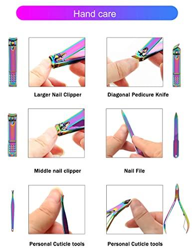 SFYDOM Manicure Set Professional Nail Clippers Kit Pedicure Care Tools- Stainless Steel Women Grooming Kit 18Pcs for Travel or Home (Dot Pattern - Rainbow)