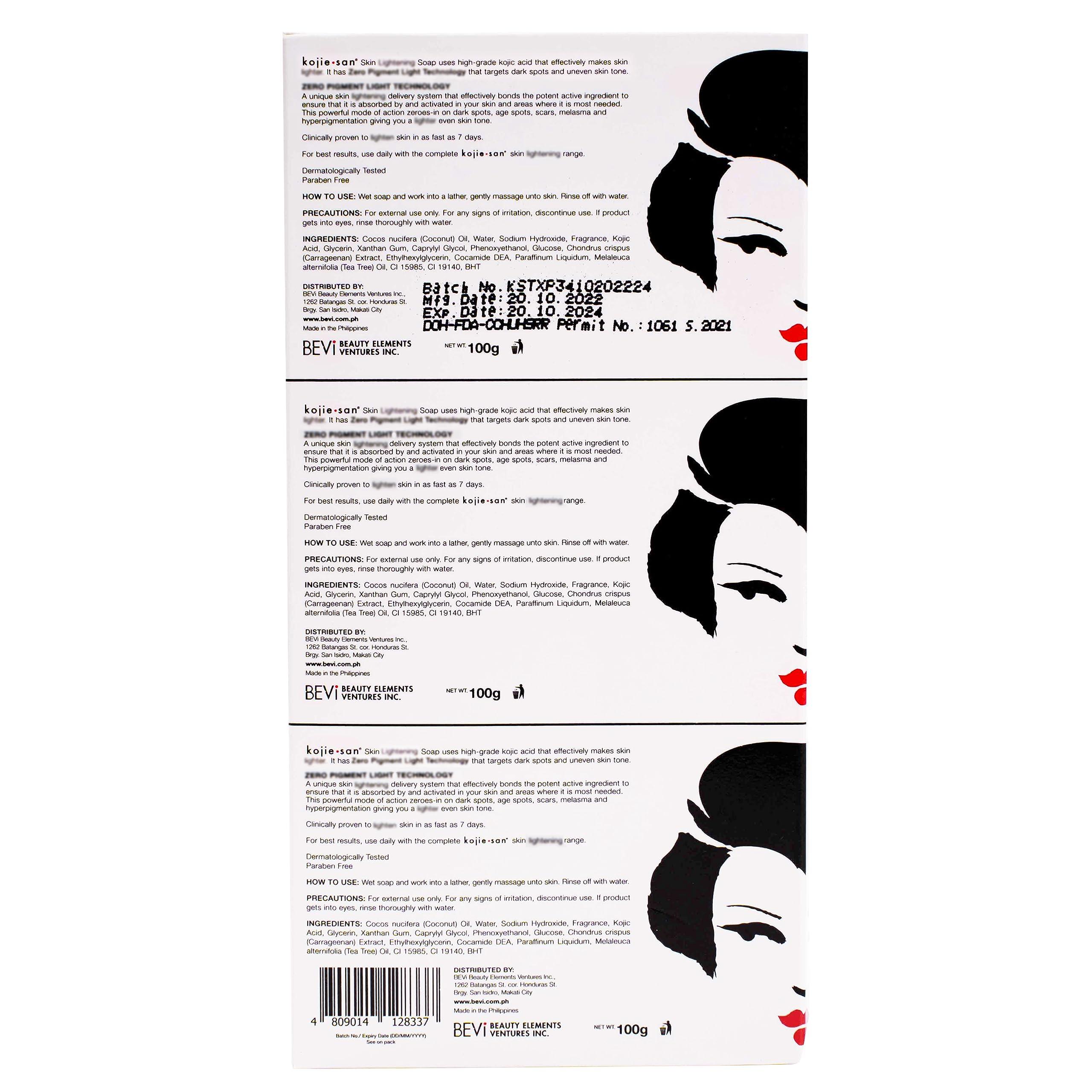 Kojie San Kojie San Skin Brightening Soap - Original Kojic Acid, Dark Spot Remover Bar Soap with Coconut & Tea Tree Oil 100g x 3 Bars