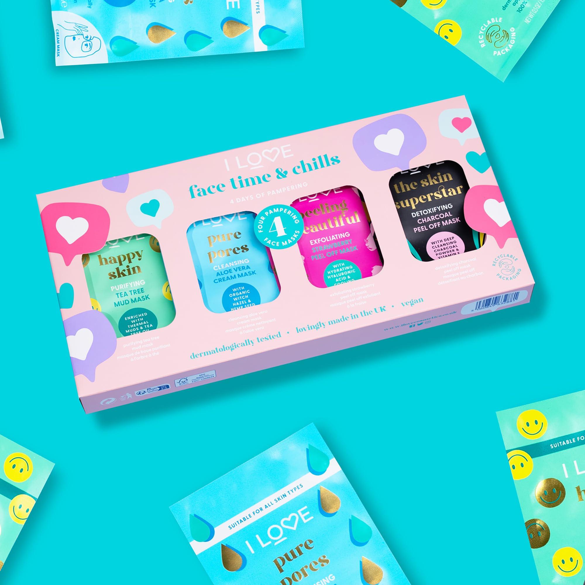 I Love I LOVE Face Time and Chills Face Masks - Facial Mask Self Care Kit - Peel of Mask, Mud Mask, and Cream Mask Selections - Soothing and Hydrating - 4 pc