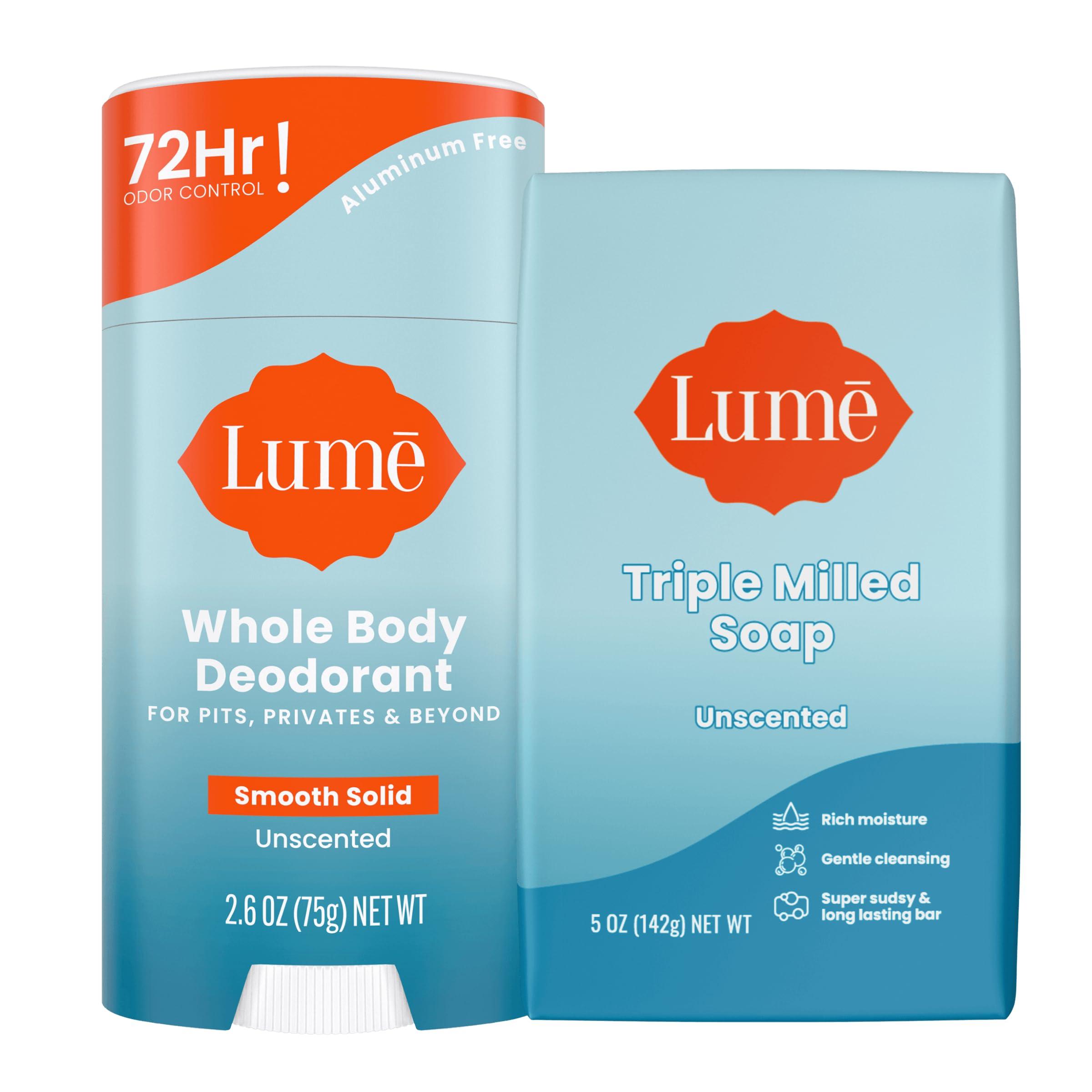 Lume Lume Whole Body Deodorant And Soap - 2.6 Ounce Smooth Solid Stick With 72 Hour Odor Control and 5 Ounce Triple Milled Soap - Aluminum Free, Baking Soda Free and Skin Loving (Unscented)