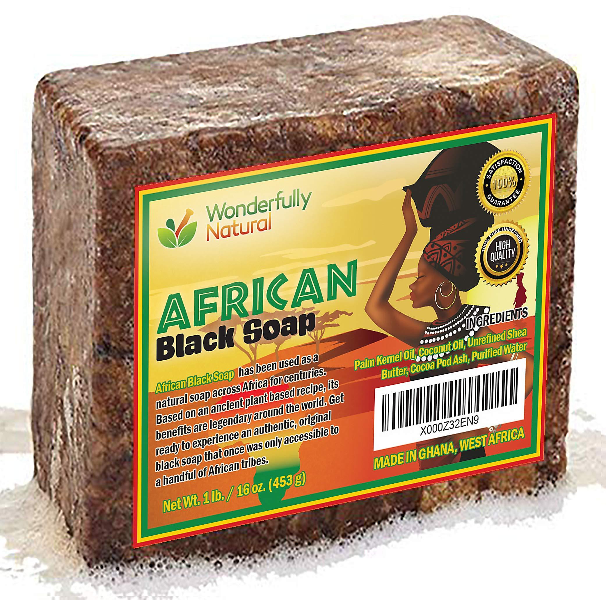 Wonderfully Natural Organic African Black Soap - For Acne & Dark Spots | Natural Vegan and Cruelty Free Satisfaction Guarantee 1lb bar | 90 day Supply