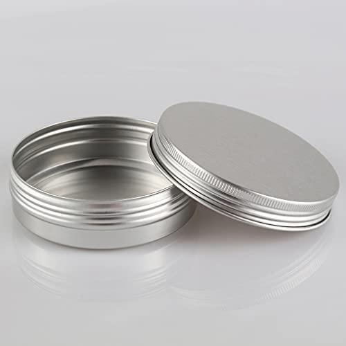 Dlibuy DLIBUY 50 Pcs 100ml 100g Empty Round Silver Aluminum Tin Jars with Screw Lids Cosmetics Lip Balm Containers Pots for DIY Candle, Salve Powder, Crafts, Storage Cans 3 Alu Spoon, 50 Labels