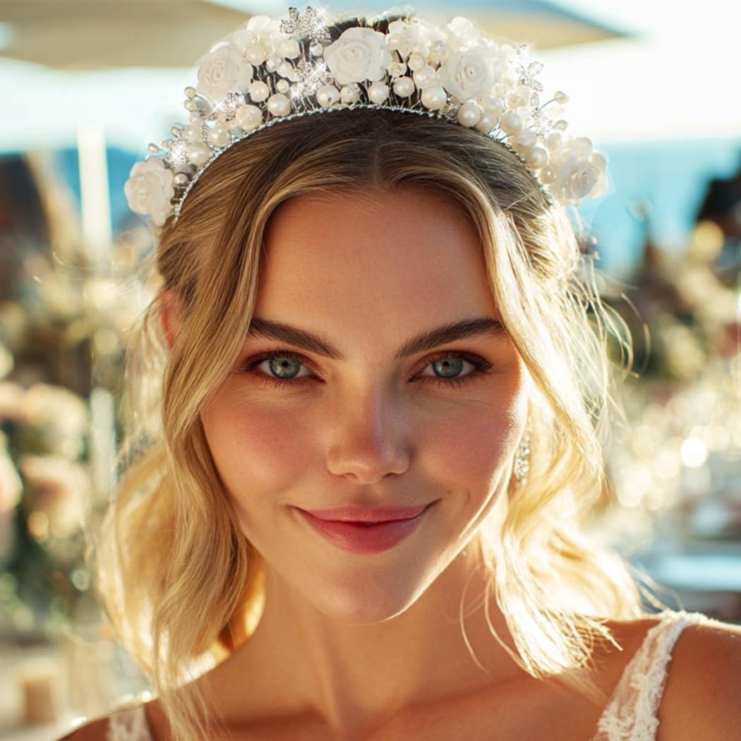CAKURE CAKURE Flower Wedding Headband Silver Bridal Hair Band Pearl Floral Headpiece Wedding Hair Accessories for Women