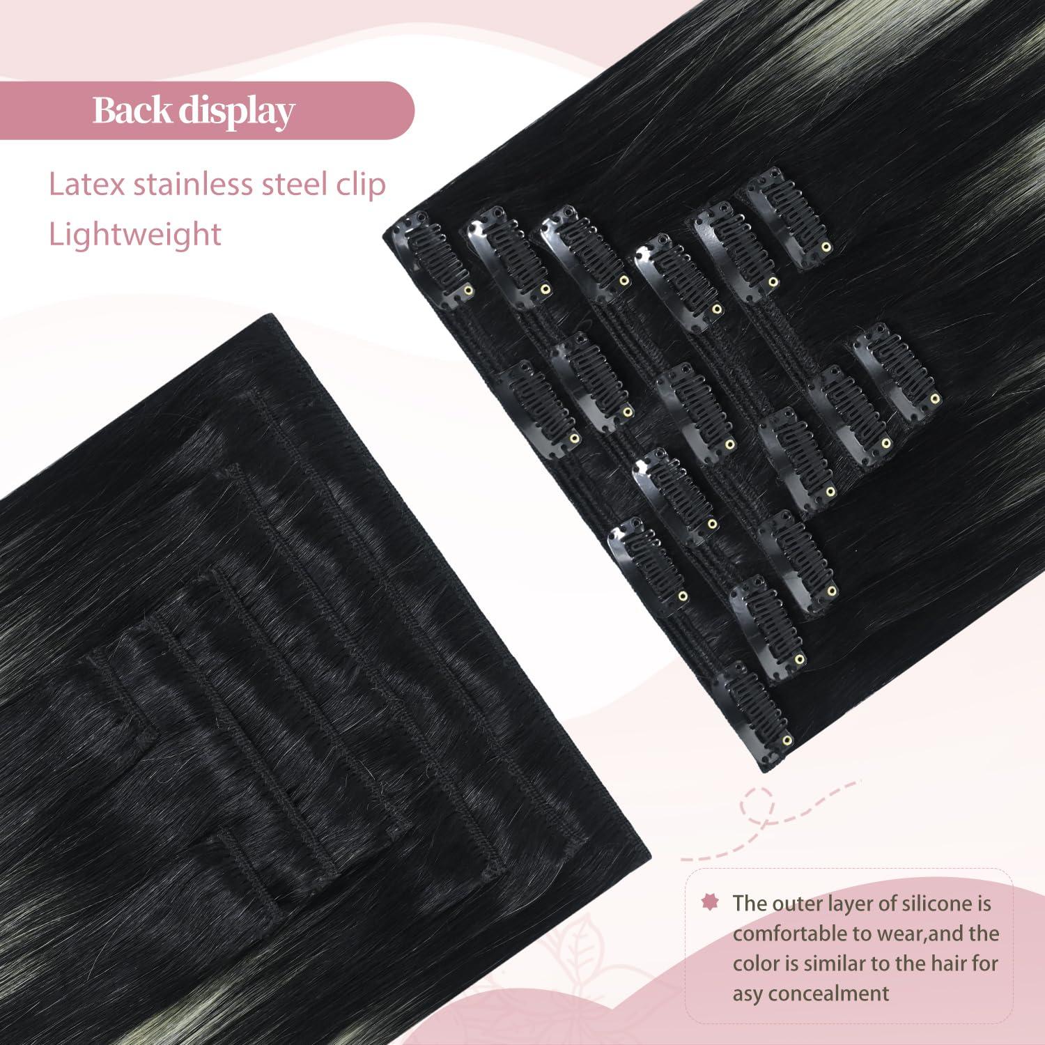 HUAYI HUAYI Black and Silver Ombre Clip in Hair Extensions Real Human Hair 120g Black to Grey Remy Human Hair Clip in Extensions 14 Inch Soft Silky Straight 7pcs 16clips One Pack (Black/Silky/Gray)