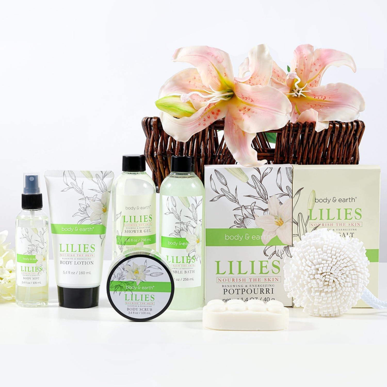 BODY & EARTH Spa Gift Baskets For Women Body & Earth 10pcs Spa Gifts For Women, Lily Gift Baskets Bath and Body Works Gift Set For Women with Bubble Bath, Body Lotion, Christmas Gift Baskets for Women Bath Set
