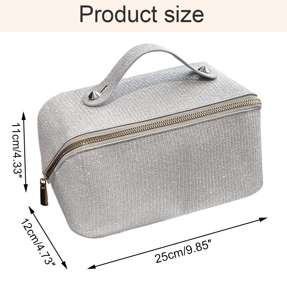 Cessfle Large Capacity Travel Cosmetic Bag Glitter Makeup Bag Everything Sparkly Shiny Make up Bag Portable Sequin Toiletry Travel Bag with Handle and Divider for Women (Silver)