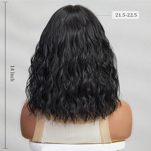 Haoland Short Black Hair Wig,Shoulder Length Bob Curly Wavy Black Wig With Bangs for Women, Charming Heat-resistant Synthetic Hair Wigs for Date Daily Use