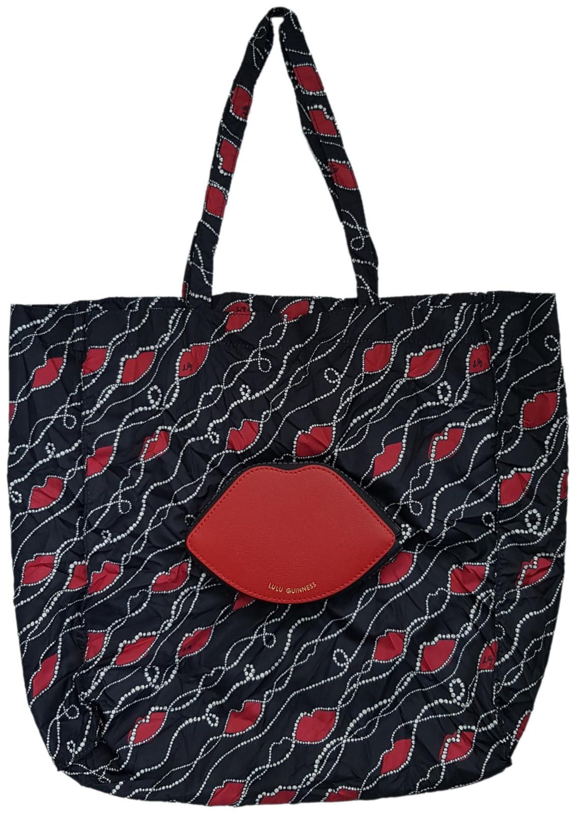 Lulu Guinness Lulu Guinness Pearly Lip Print Foldaway Shopper Tote Bag, Black and Red, Black, One Size
