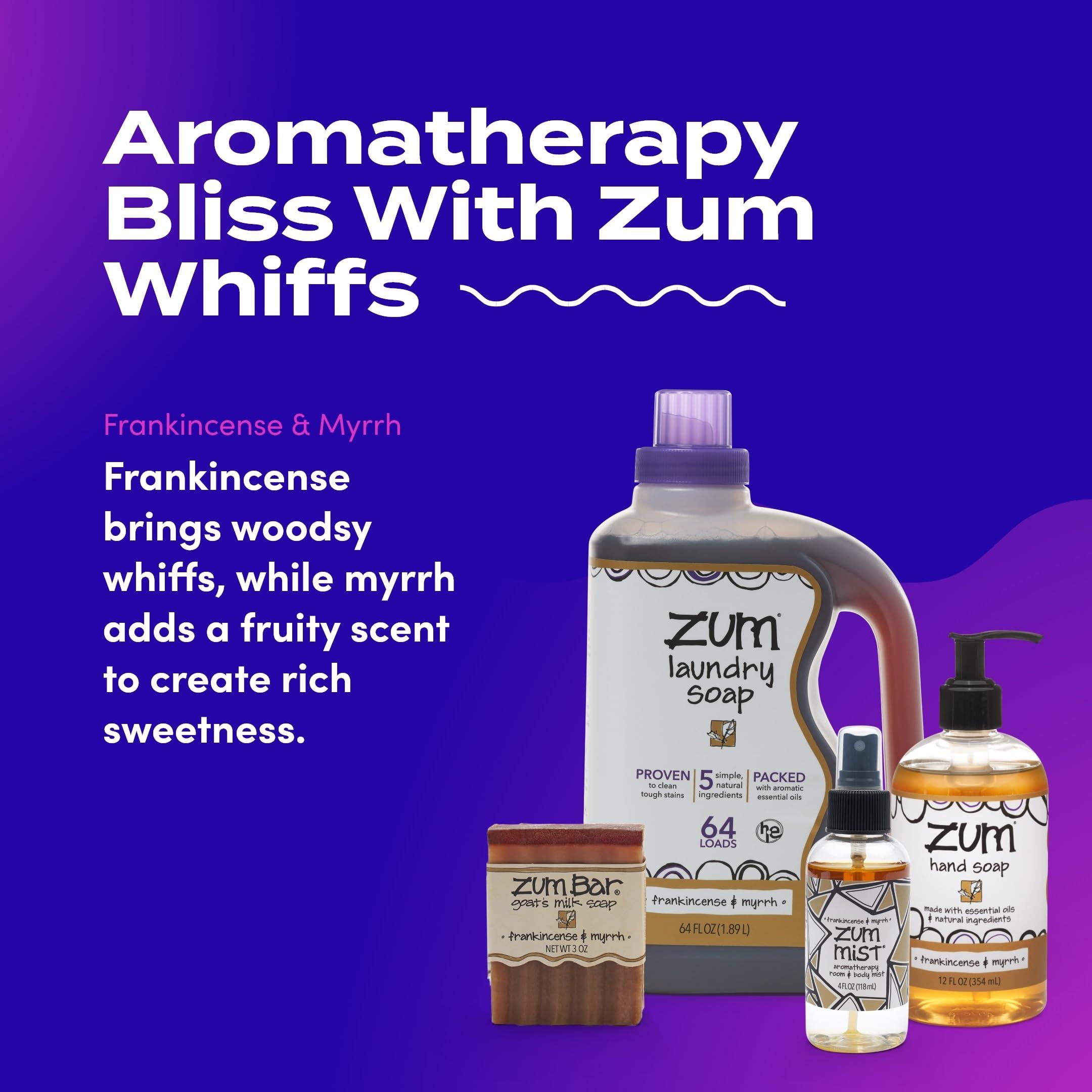Zum Zum Indigo Wild Home Essentials - Laundry Soap (64 oz) - Liquid Hand Soap (12 fl oz) - Room Spray Air Freshener (4 fl oz) - Goat Milk Soap Bar (3 oz) - Frankincense & Myrrh Scent