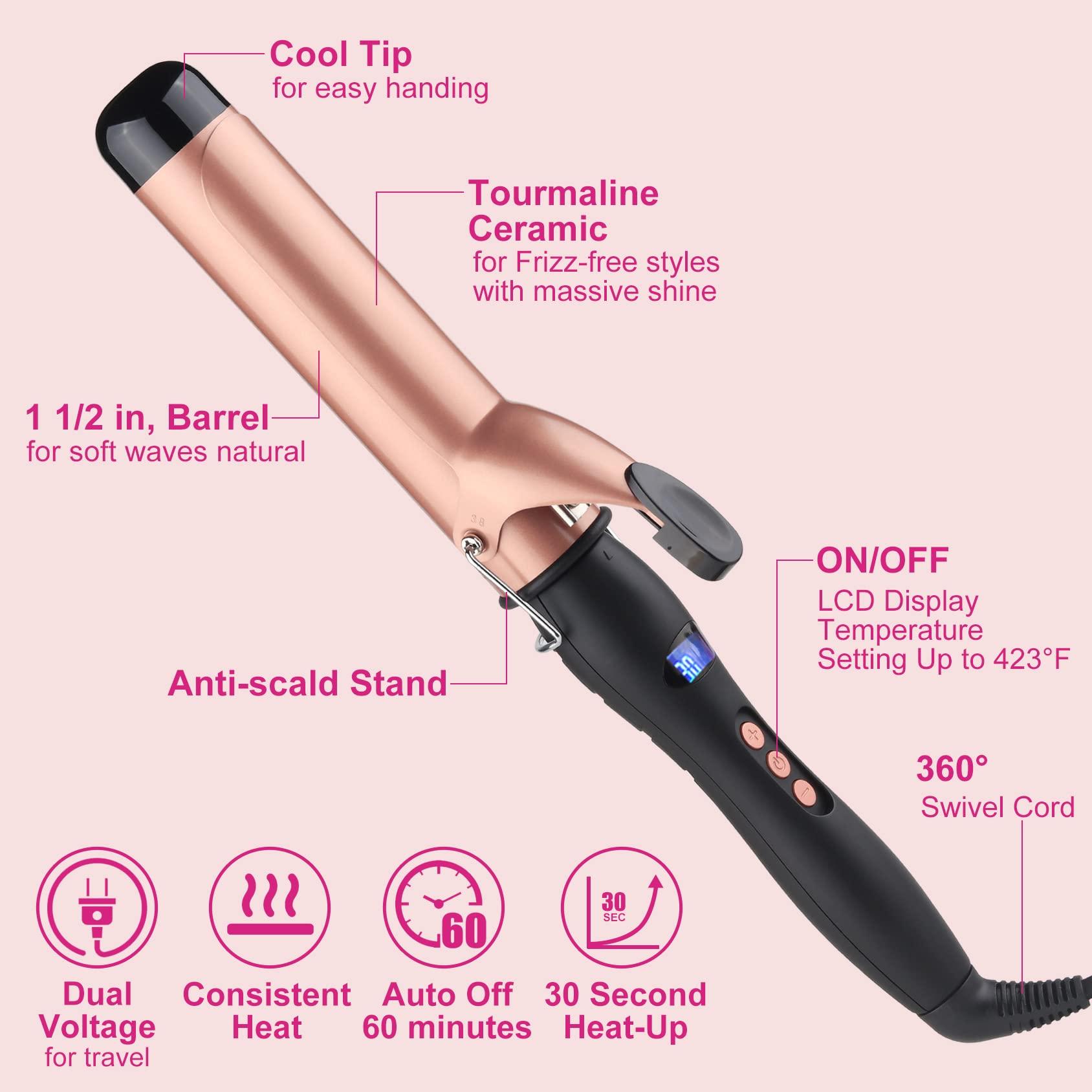 JAETON Hair Curling Wand, 1.5Inch Curling Iron, Professional Ceramic Hair Curler Wand, Big Curls with Adjustable Digital Temperature, Dual Voltage, Auto Shut-Off