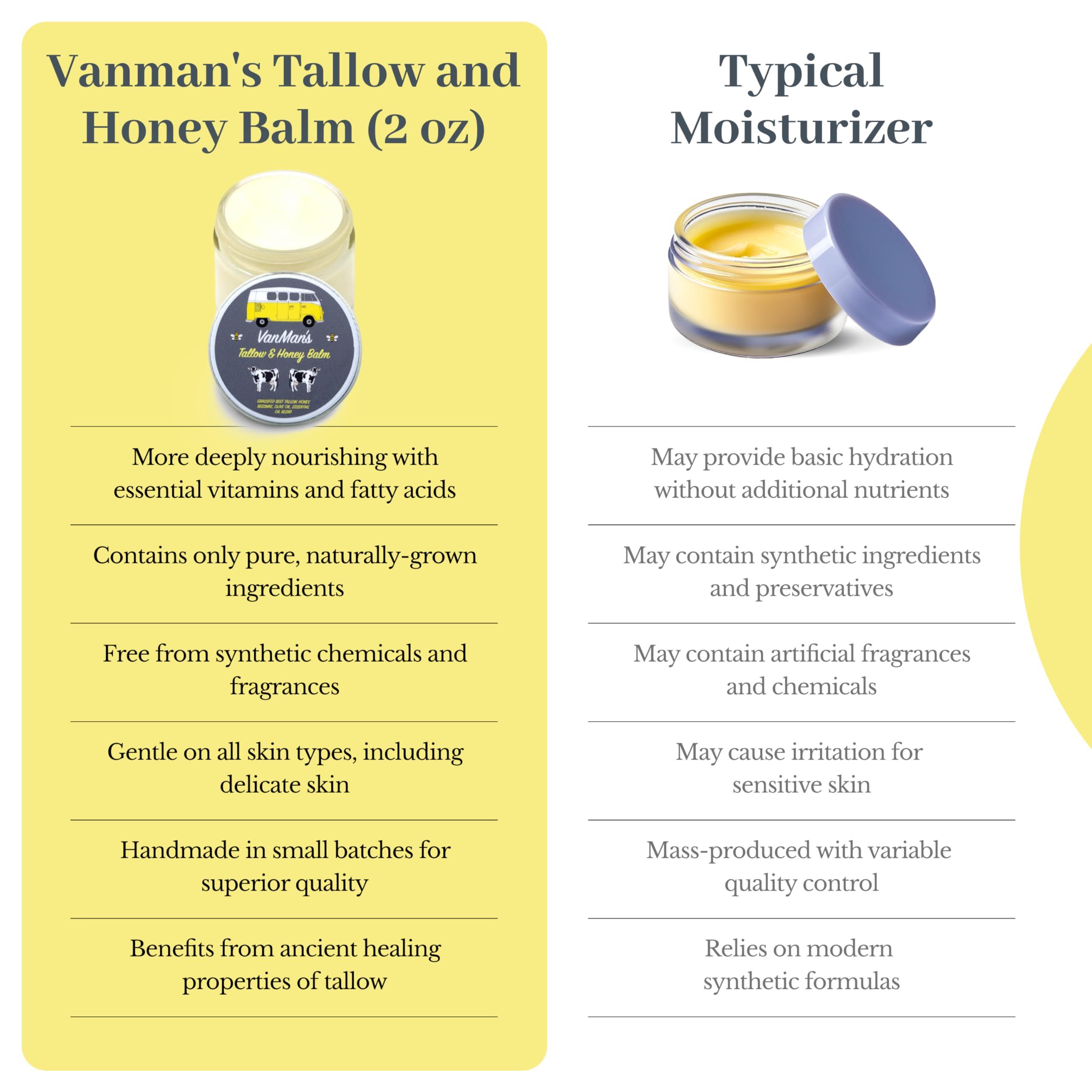 The Vanman Company Vanman\'s Tallow and Honey Balm With No Added Scent - Beef Tallow Face Moisturizer with Grass-Fed/Finished Beef Tallow for Skin, Organic Raw Honey and Beeswax, Cold Pressed Olive Oil - 2 oz