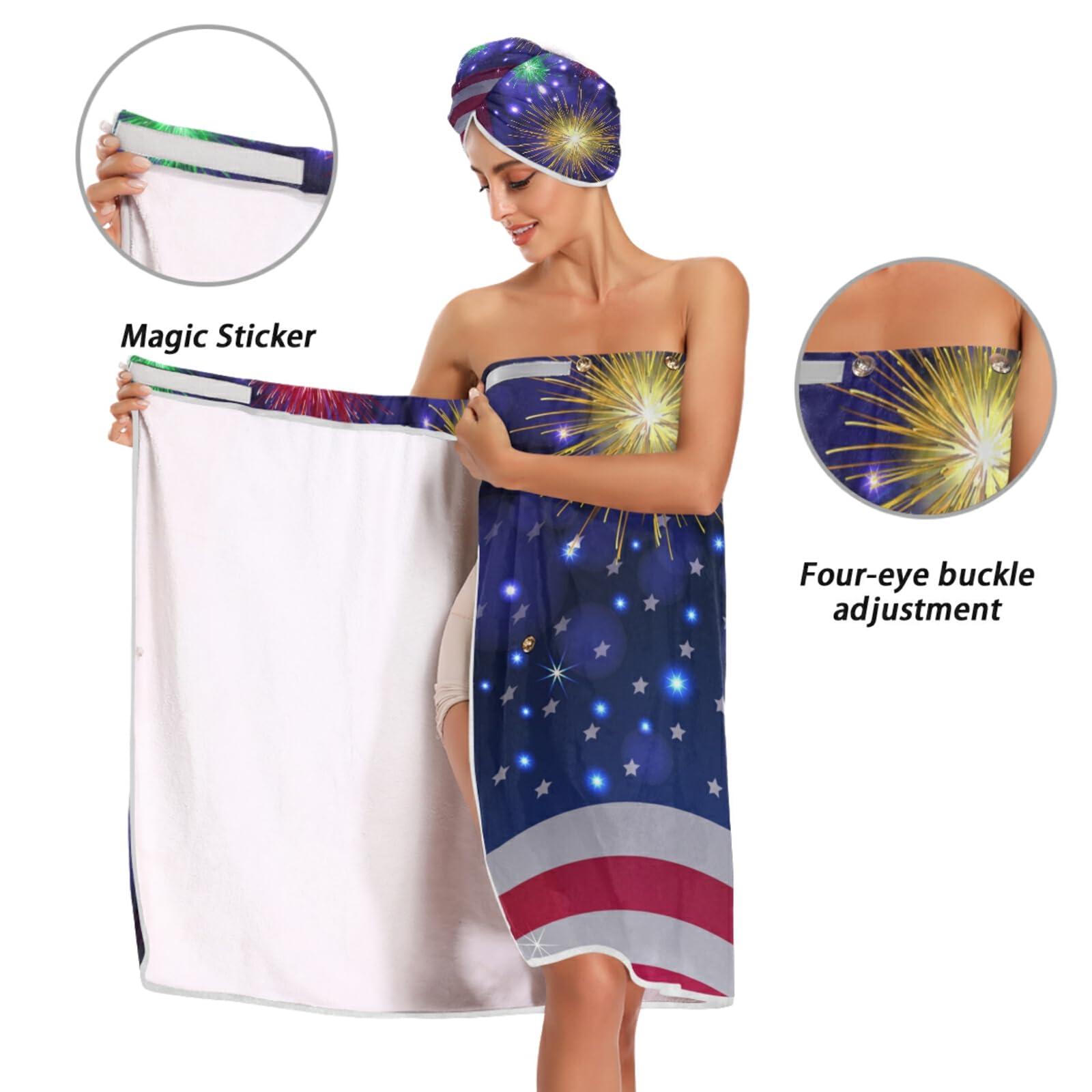 Poeticcity Poeticcity American Flag Shiny Sparkling Fireworks Independence Day July 4thWomen Bath Body Wrap, Absorbent Spa Towel Robe, Bathrobe Set of 3 with 1 Shower Wrap 1 Headband 1 Hair Towel Wrap