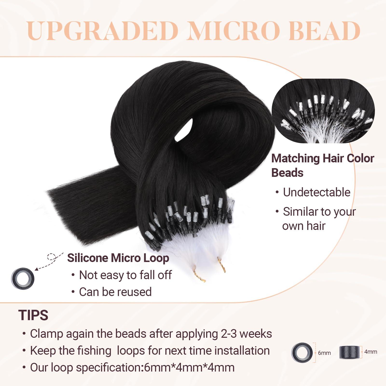 MAXITA MAXITA Microlink Hair Extensions Human Hair Natural Black Micro Bead Hair Extensions Virgin Human Hair, 50g/50 Strands/Pack, 20 In