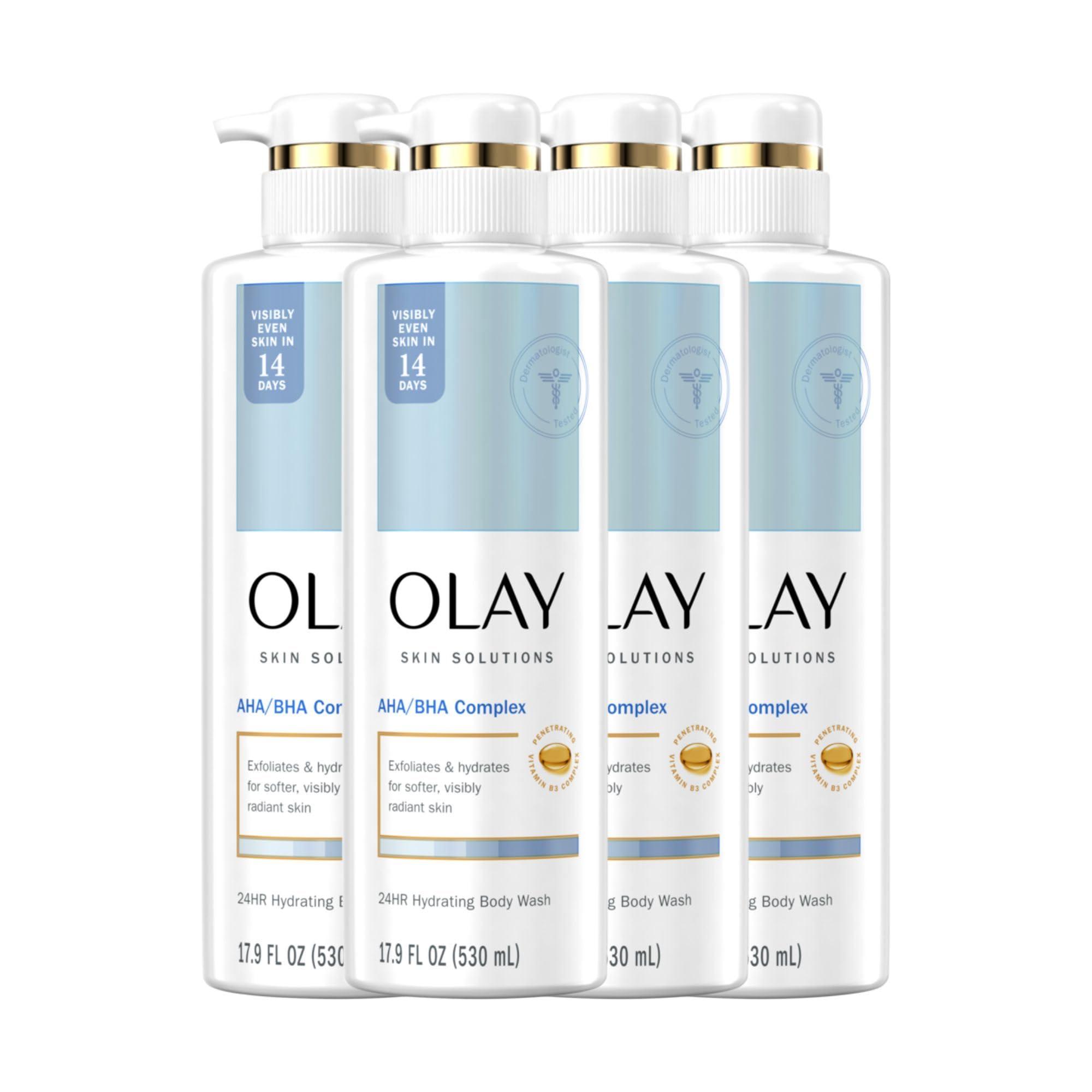 Olay Olay Skin Solutions Hydrating Body Wash for Women with AHA/BHA Complex, 17.9 fl oz (Pack of 4)