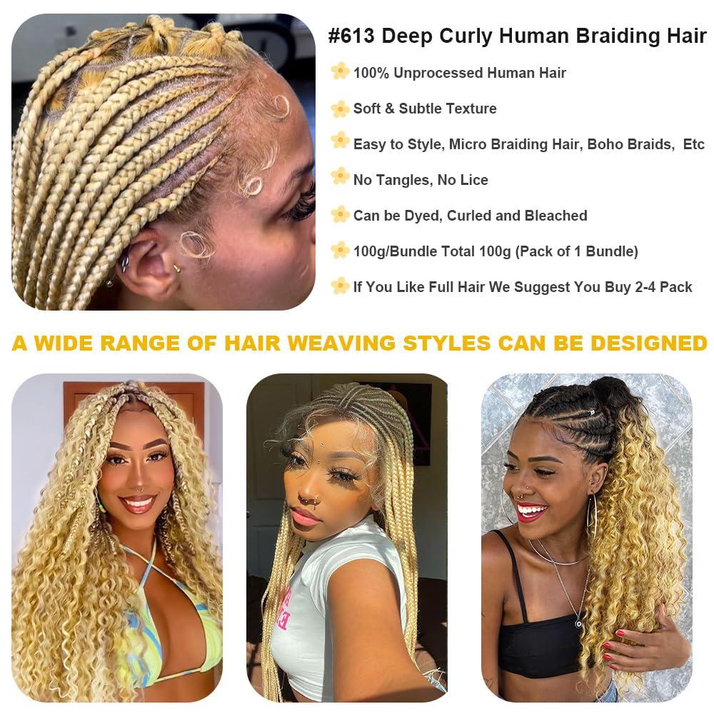 CVOHAIR LA CVOHAIR LA Braiding Hair Deep Curly Bulk Human Hair for Braiding 613 Blonde 100g 1 Bundle Human Hair for Boho Knotless Braids 100% Real Human No Weft Hair Extensions 16 Inch