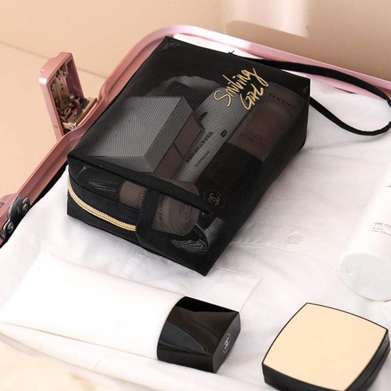 Fublazeze Fublazeze 1 Unit Black Mesh Makeup Bag, Small to Large Sizes, Zipper Pouch Ideal for Offices & Travel, Storage Bags, Toiletries Keeper, Cosmetic Caddy