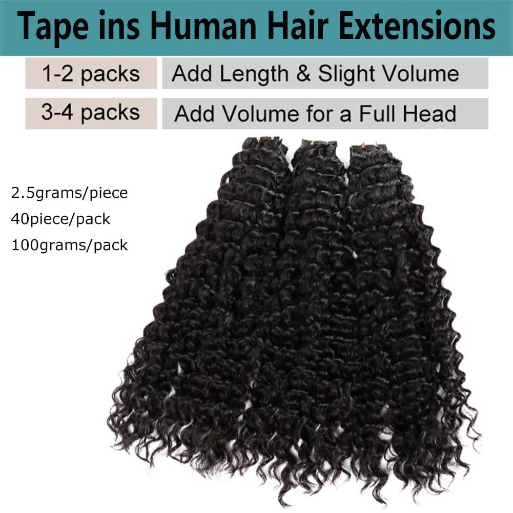 Kiss darling LASHES 14inch Tape in Hair Extensions Natural Black Jerry Curly Human Hair Extensions PU Skin Weft Adhesive Tape ins for Women 100g/40pcs Full Head Natural Black 1b