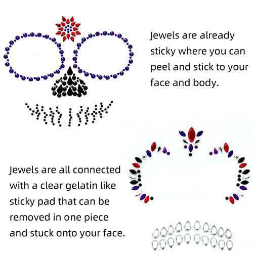 Jacnkb Skull Face Gems Jewels Rhinestone, Halloween Temporary Face Tattoos, Day of the Dead Face Tattoo Stickers, Crystal Body Gems Stick on Face for Festival Rave Party Cosplay 2Pcs