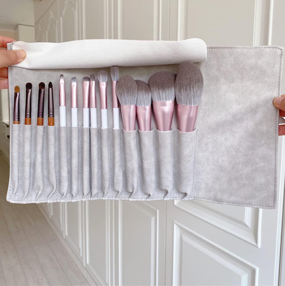 VASANA Gray Soft Makeup Brush Rolling Case Mini Cosmetic Brush Organizer Portable Roll Up Brush Holder Pouch Bag for Travel Business Trip 14 Pockets