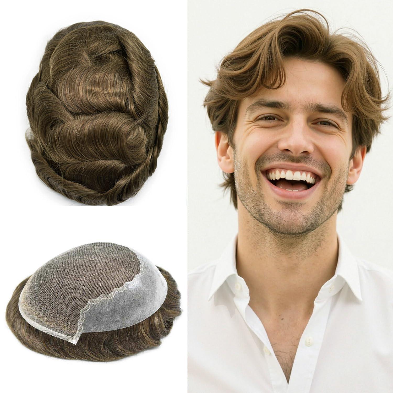 Just Hair Toupee for Men Hair Replacement Systems Swiss Lace Front Mens Toupee Bleached Knot Natural Human Hair Piece (5# Medium Light Brown, 7x9\"-90% Light Density)