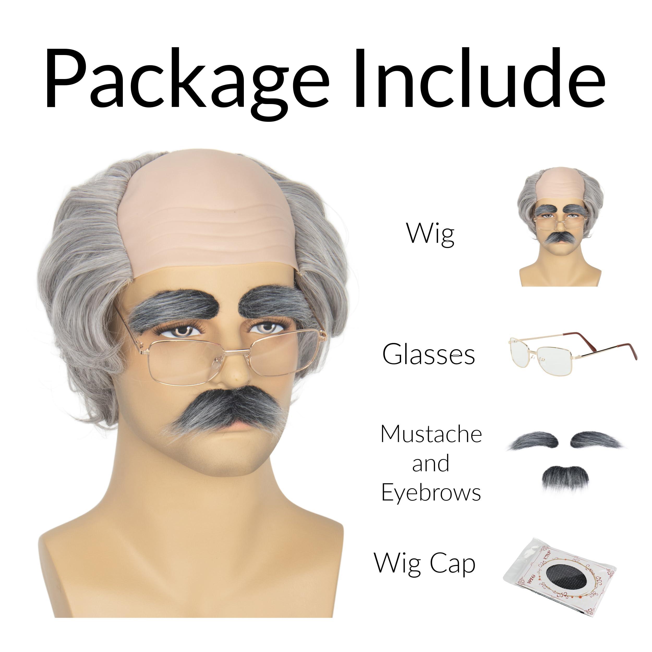 M MISS U HAIR Miss U Hair Old Man Wig and Mustache Eyebrows Funny Wigs Short Grey Bald Cap With Hair On Sides Balding Grandpa Wig