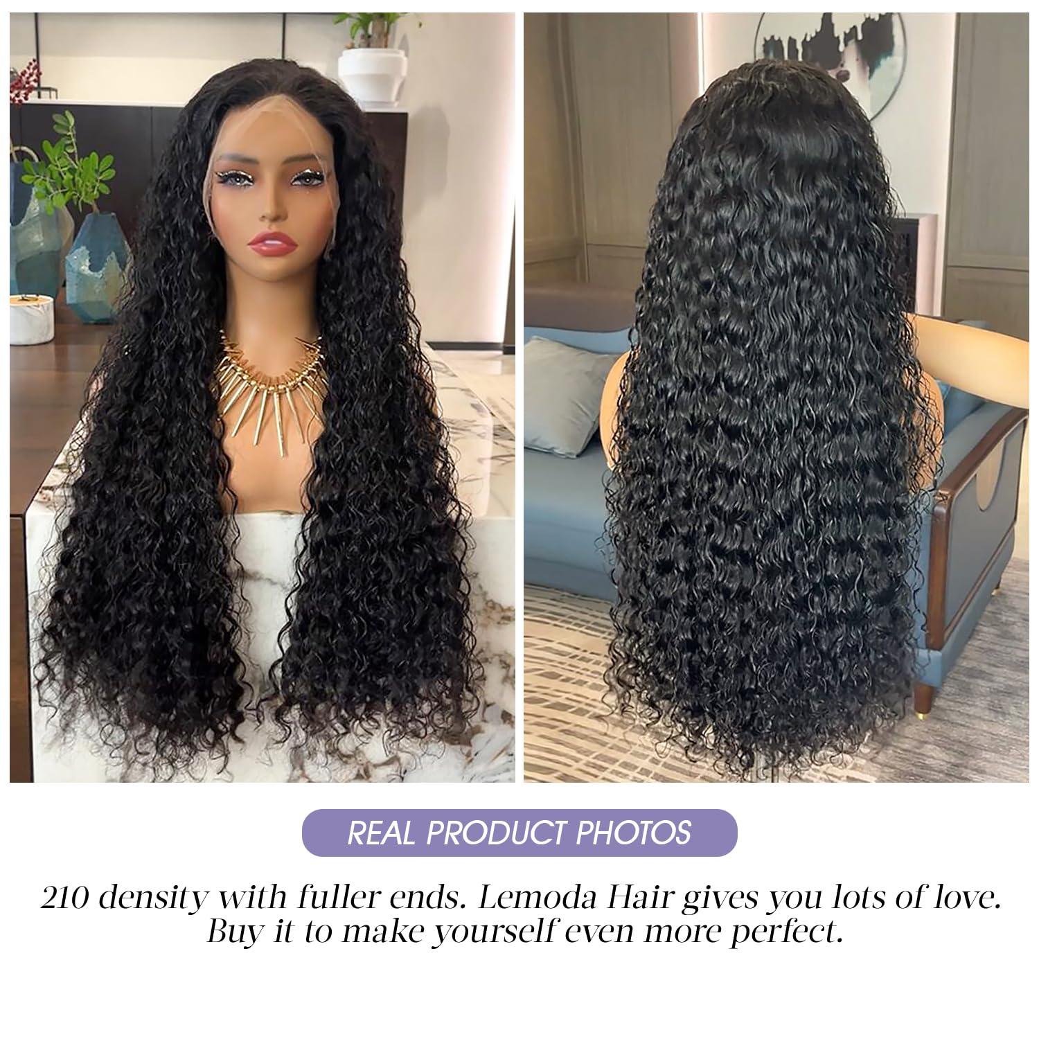 Lemoda Lemoda 210% Density 13x6 Water Wave Full Lace Frontal Virgin Human Hair Wigs Deep Wave 13x6 HD Lace Front Wigs Pre Plucked Wet and Wavy Human Hair Wig 22Inch Bouncy Curl 12A