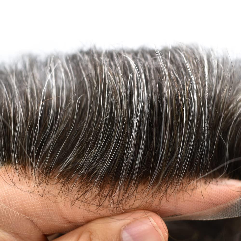 DR Hair Toupee For Men Hair System French Lace Real Human Hair Replacment System Lace Front Blached Knot Mens Toupee Hair Pieces Nantural Hairline8x10 light to Medium density#240 2# DARKEST BROWN+40% GREY