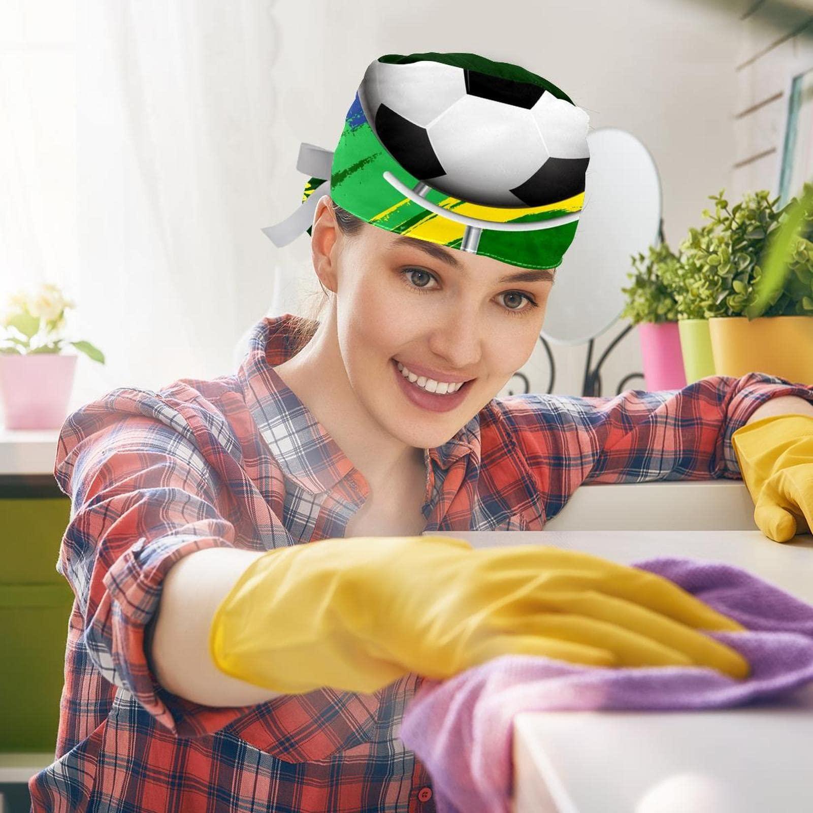 Lyetny Brazil Soccer Scrub Caps Hats Women Bouffant Working Hat Ponytail Holder for Women Long Hair Covers 2PCS