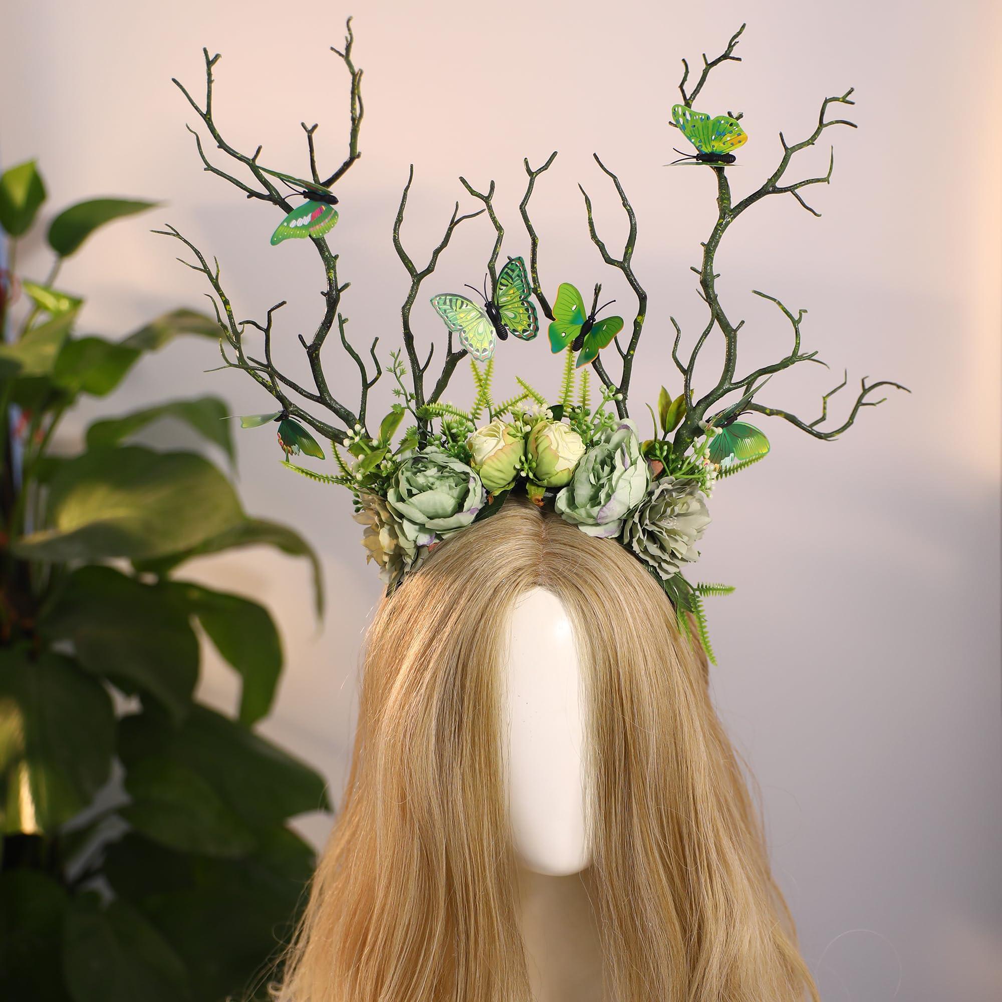 MOSTORY MOSTORY Green Flower Branch Headband - Handmade Tree Hairband with Butterfly Woodland Headband Floral Forest Crown for Women Renassance Renfaire Woodland Costume Cosplay Photoshoot
