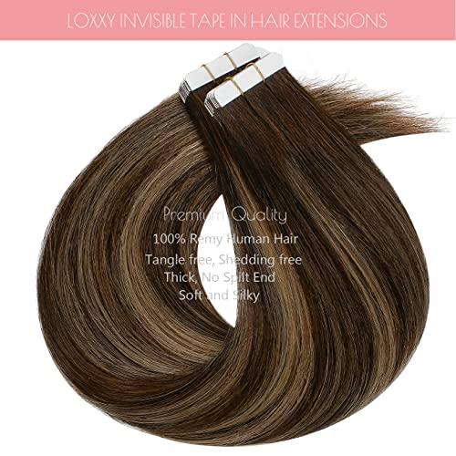 Loxxy Loxxy Balayage Tape Hair Extensions Human Hair 18Inch Invisible PU Tape in Hair Mixed Chestnut Brown Double Sided Brown Tape in Hair Extensions Human Hair Glue on Silky Soft Hair R2-2/6 20pcs 50g