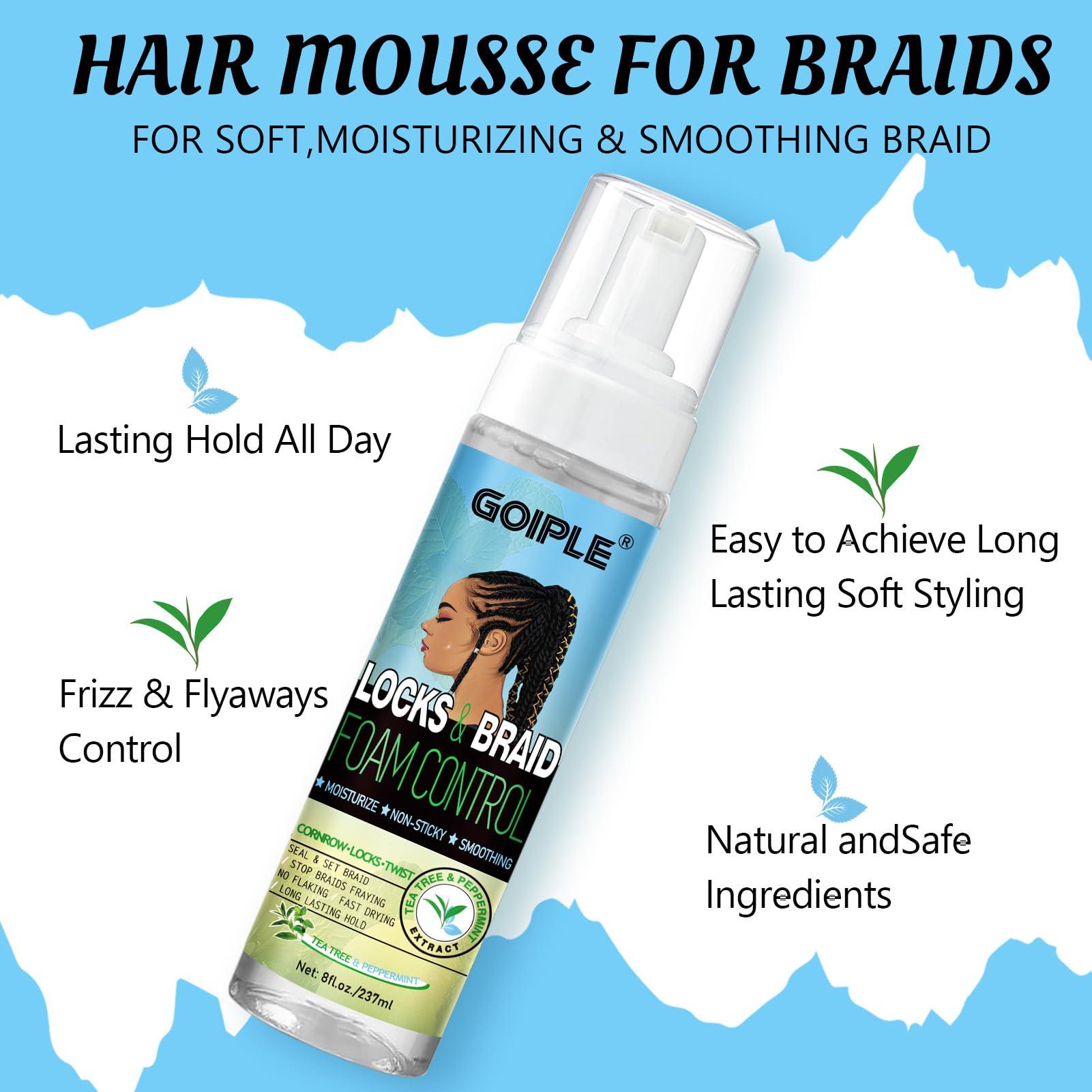Goiple 8 fl oz Braid Foam Control Mousse Braiding Mousse for Braids Twist, Locs, No Flake Extra Hold High Shine Style & Moisturizes, Hair Mousse for Braids Nourishes, Lightweight, Smooth, No Greasy Tea Tree