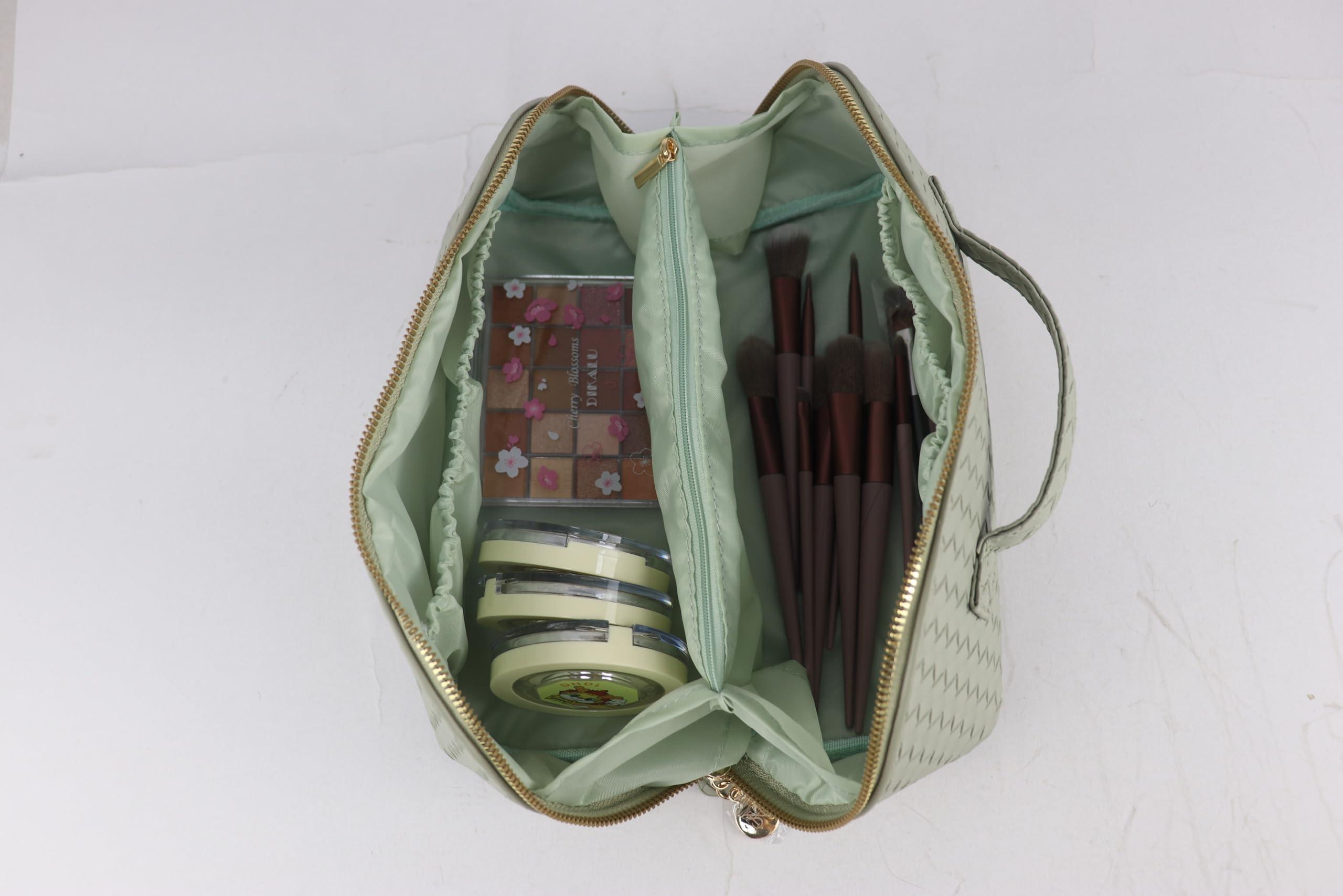 Generic Large Capacity Makeup Bag, PU Leather Makeup Bag Organizer, Toiletry Bag for Women, Travel Makeup Bag with divider, Cosmetic Bags for Women, Leather Waterproof Cosmetic Bag, Open Flat Design (Green)