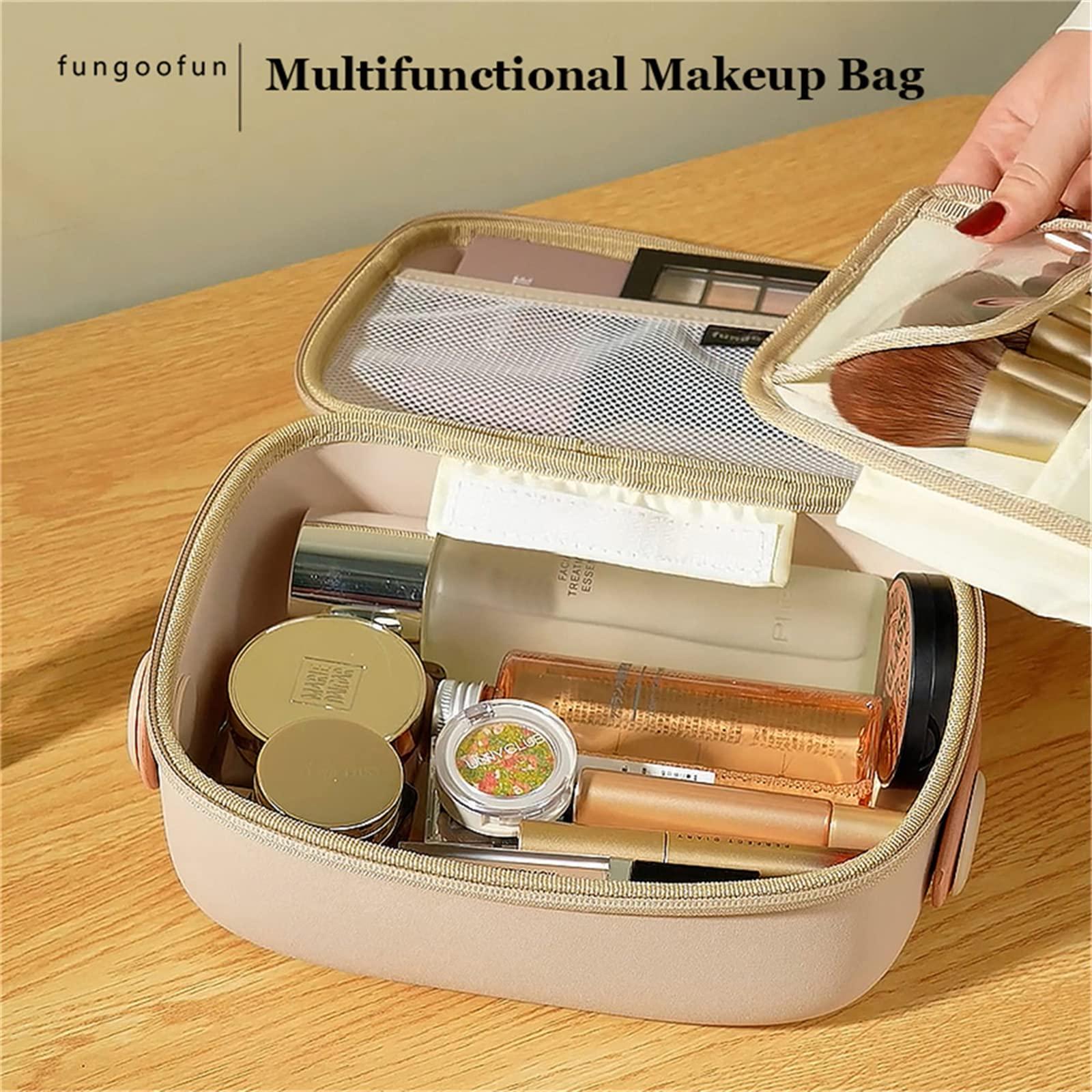 fungoofun Travel Makeup Bag - Eva Cosmetic Bag for Women, Waterproof Toiletry Bag with Portable Handle Strap, Brush Make up Organizer with Compartment, Capacity Storage Makeup Bag Easy to Clean
