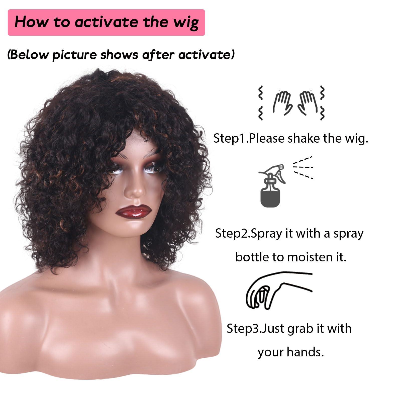 ManeMajesty ManeMajesty Short Curly Human Hair Wigs for Black Women Short Kinky Curly Afro Wig No Lace Front Glueless Wig Highlight Ombre Side Part Jerry Curl Wig -100% Brazilian Human Hair (FS1B/30, 14 Inch)