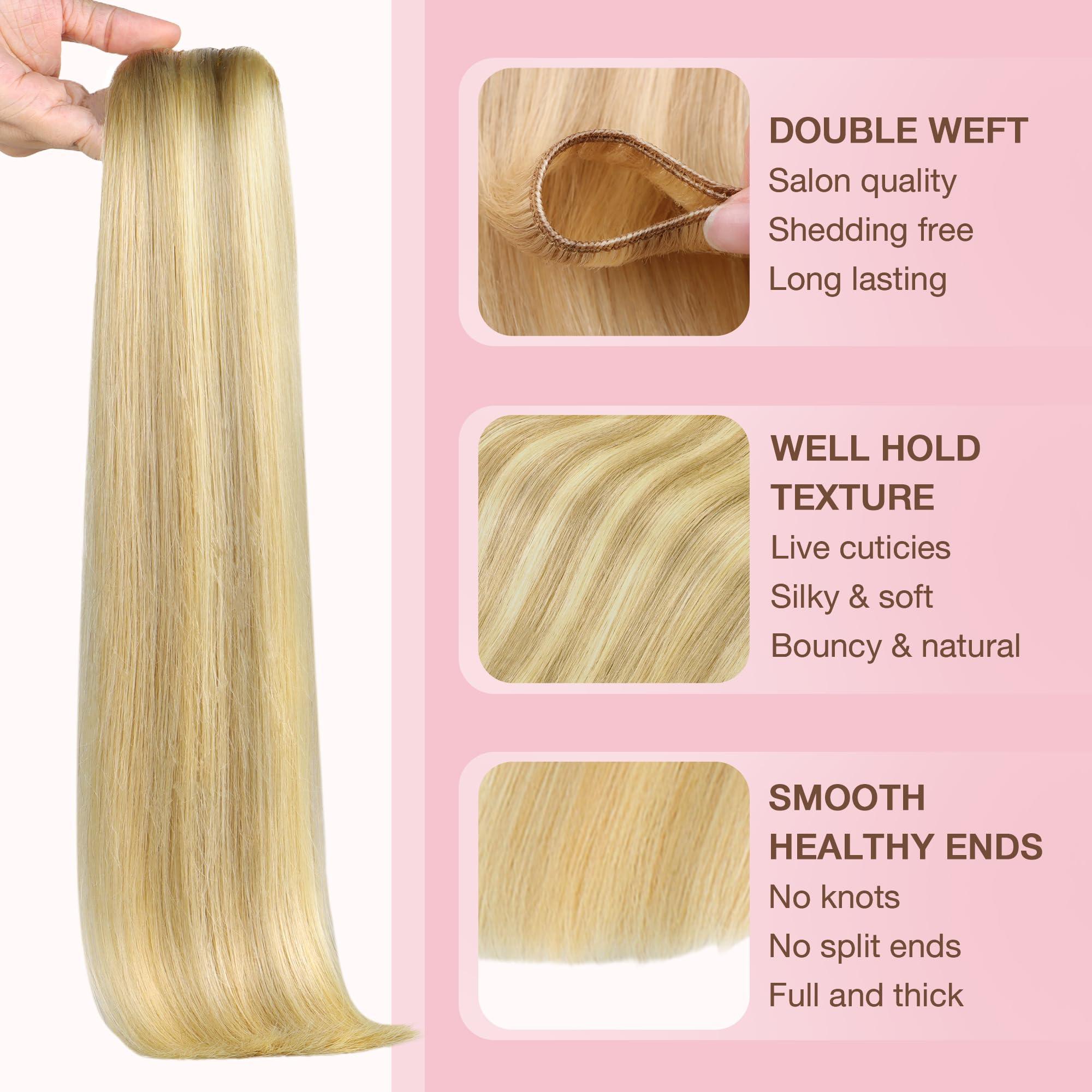 GOO GOO GOO GOO Sew in Hair Extensions Real Human Hair, Weft Hair Extensions Human Hair, 18D/22F Dirty Blonde Highlights 22inch 110g, Weft Bundles Straight Silky Remy Hair