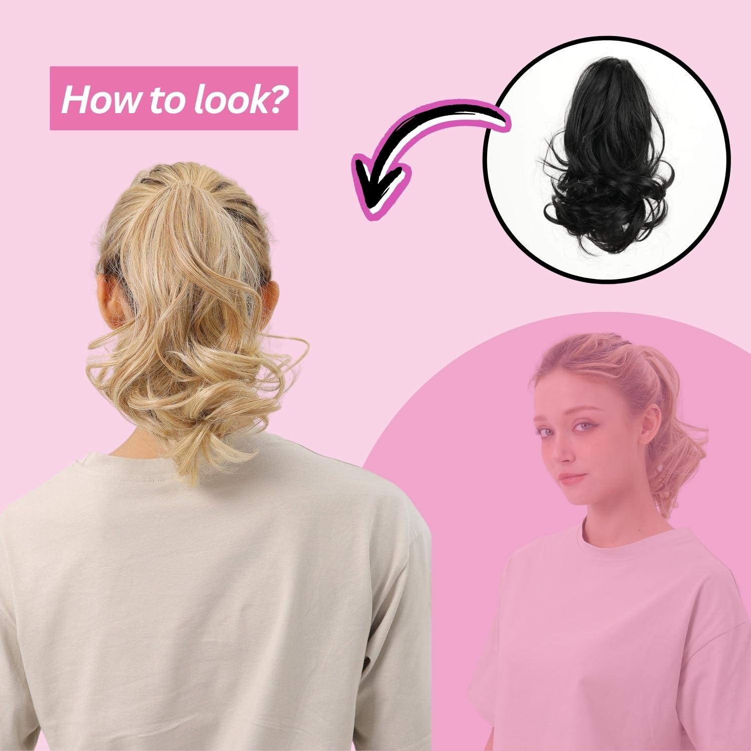 Juvabun JUVABUN Claw Clip Wavy Ponytail Extension 10&quot; -Black | Hair Extension Clips | Synthetic Ponytail Extension | Wavy Hair Extensions | Washable Realistic And Synthetic | Black