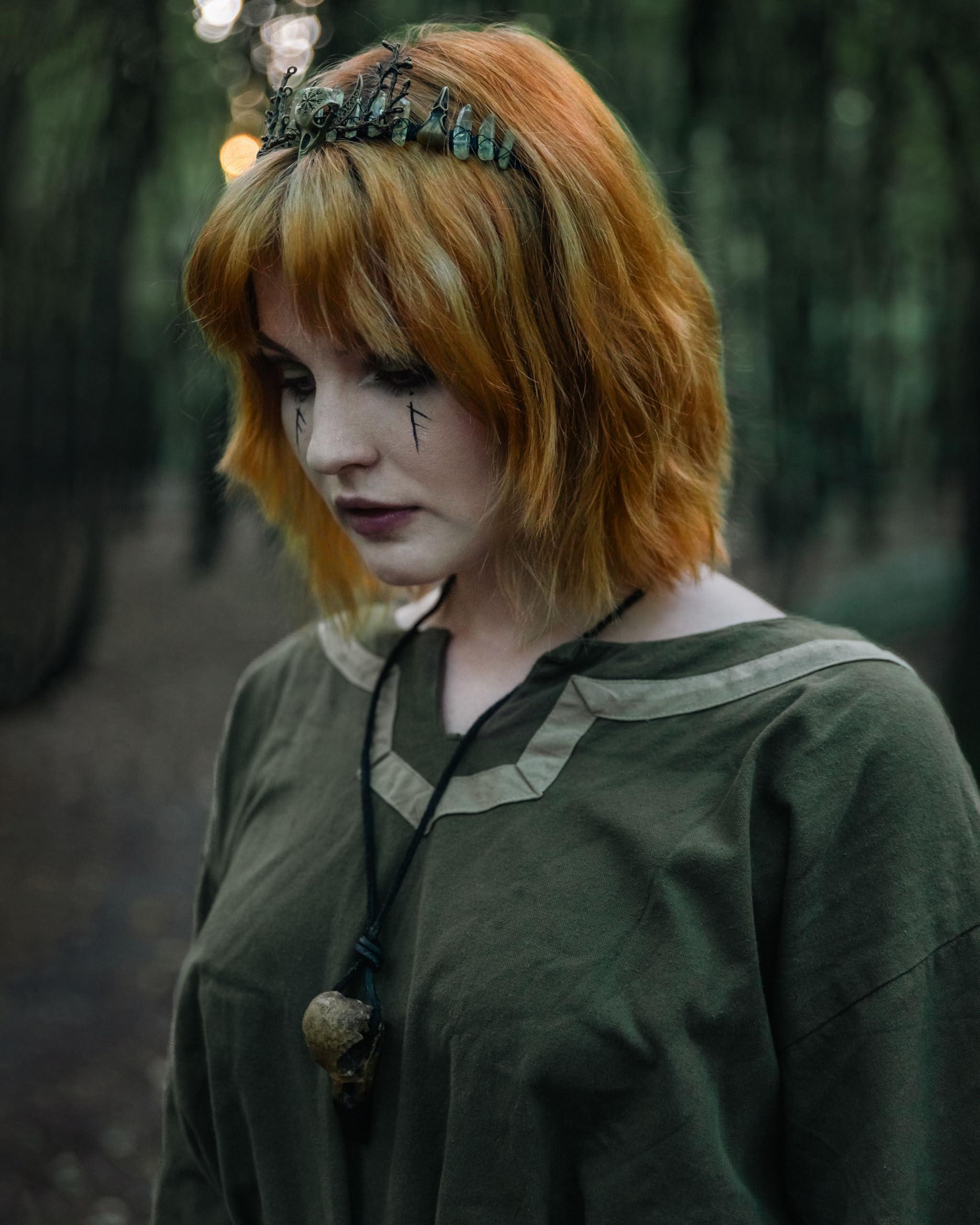 CoTeeZa CoTeeZa Green Fairy Crystal Crown - Handmade Raw Quartz Tiara with Bronze Crow Branch Moon Elf Headpiece Fantasy Forest Witch Crown Wedding Renaissance Halloween Cosplay Woodland Headband