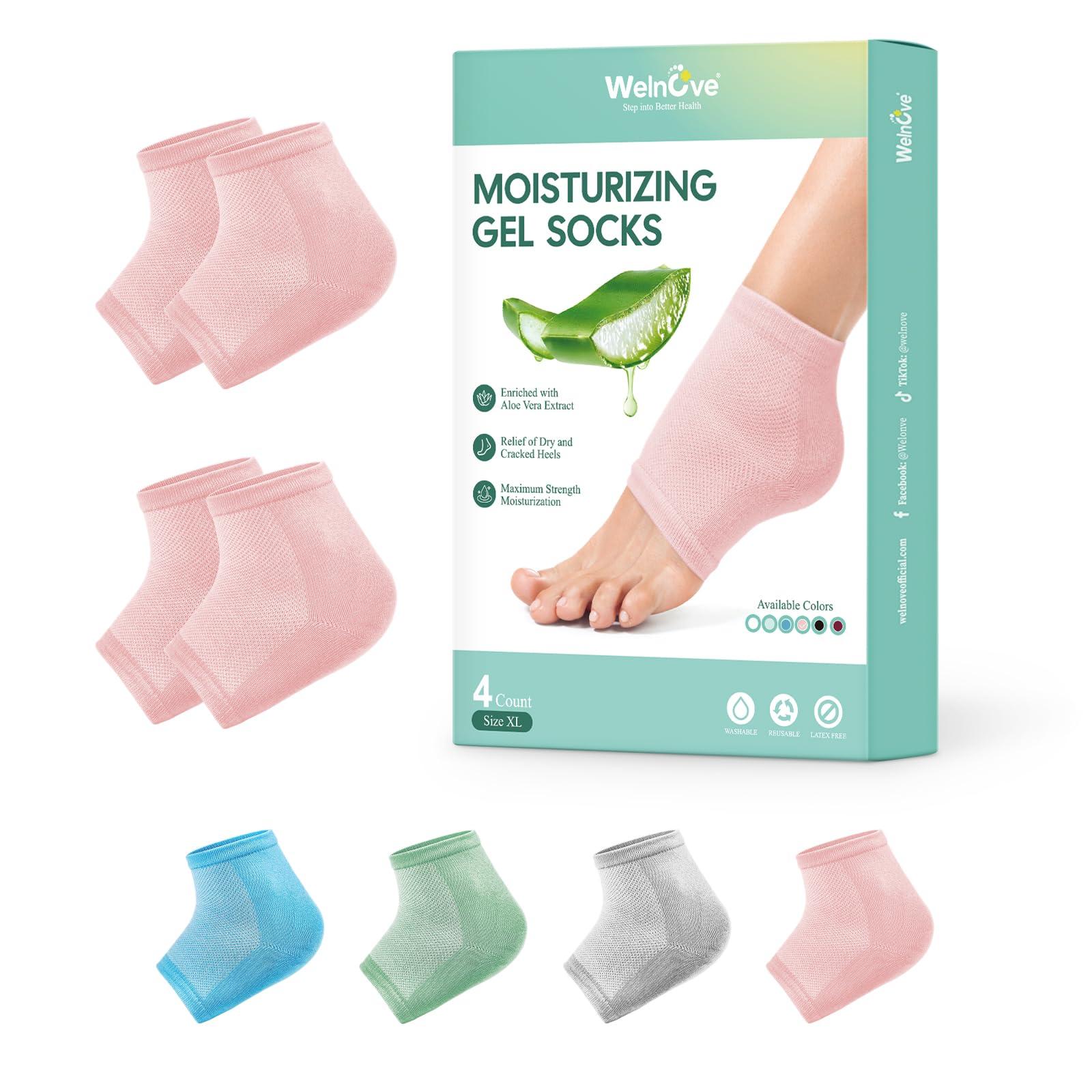 Welnove Welnove Moisturizing Heel Socks - 2 Pairs Aloe Vera Extract Infused Gel Lining for Dry Feet - Cracked Heel Repair Treatment - Cotton Socks for Women Men Foot Care (Pink, Extra Large)