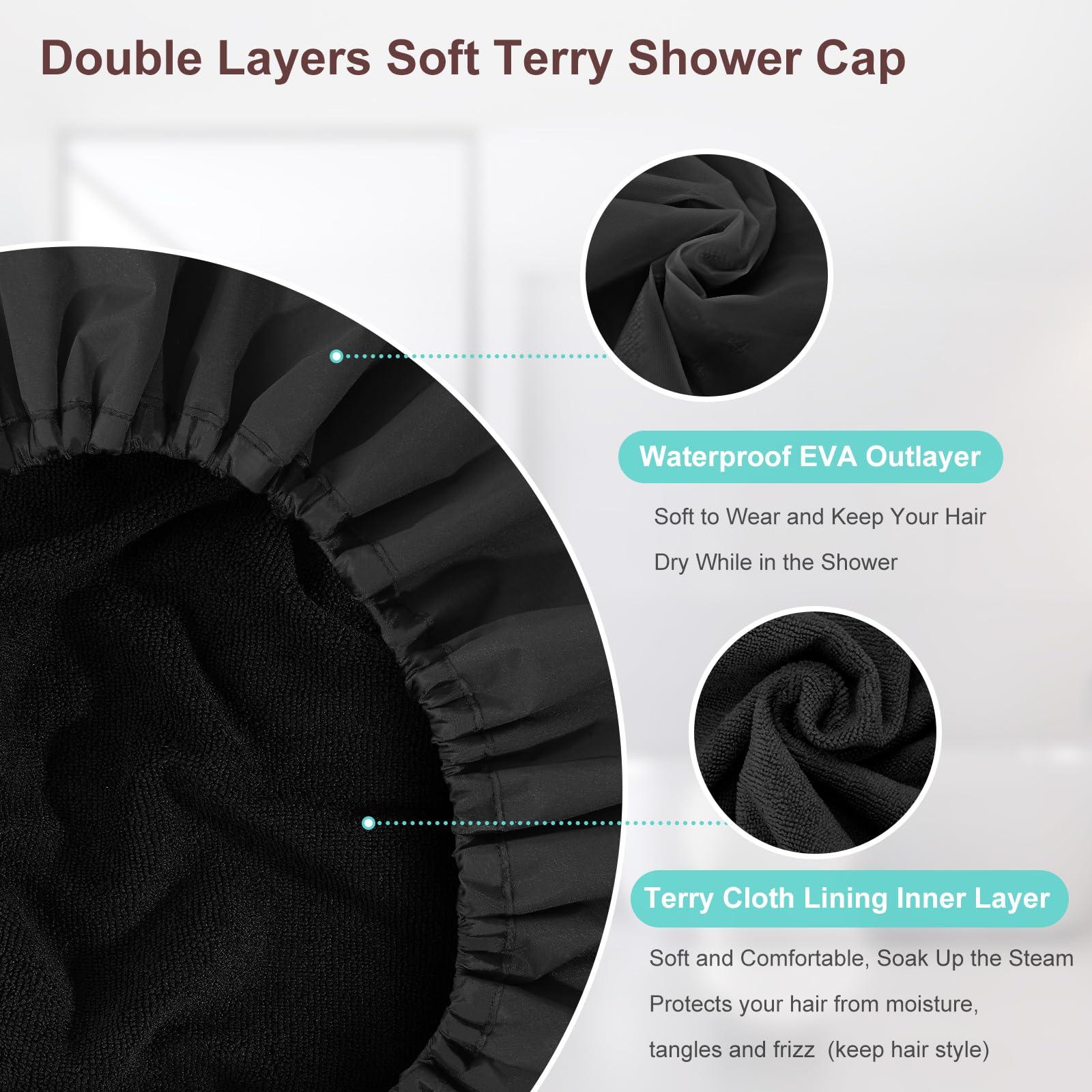 SHEOMERN Sheomern 2 Pcs 15\" XL Extra Large Terry Lined Shower Cap, Adjustable Dual Waterproof Shower Cap for Women Reusable Soft Hair Cap Bath Cap for Long Braids, Thick Hair, Locs, Curly Hair
