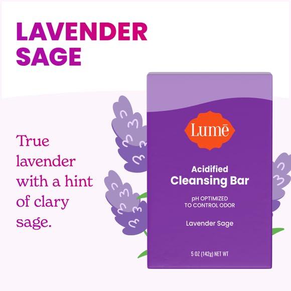 Lume Lume Acidified Body Cleansing Bar - 24 Hour Odor Control - Removes Odor Better than Soap - Moisturizing Formula - Formulated Without SLS and Parabens - OB/GYN Developed - 8.5 ounce (Lavender Sage)