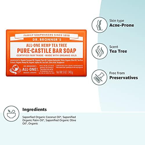 Dr. Bronner's Dr. Bronner’s - Pure-Castile Bar Soap (Tea Tree, 5 ounce) - Made with Organic Oils, For Face, Body, Hair and Dandruff, Gentle on Acne-Prone Skin, Biodegradable, Vegan, Non-GMO