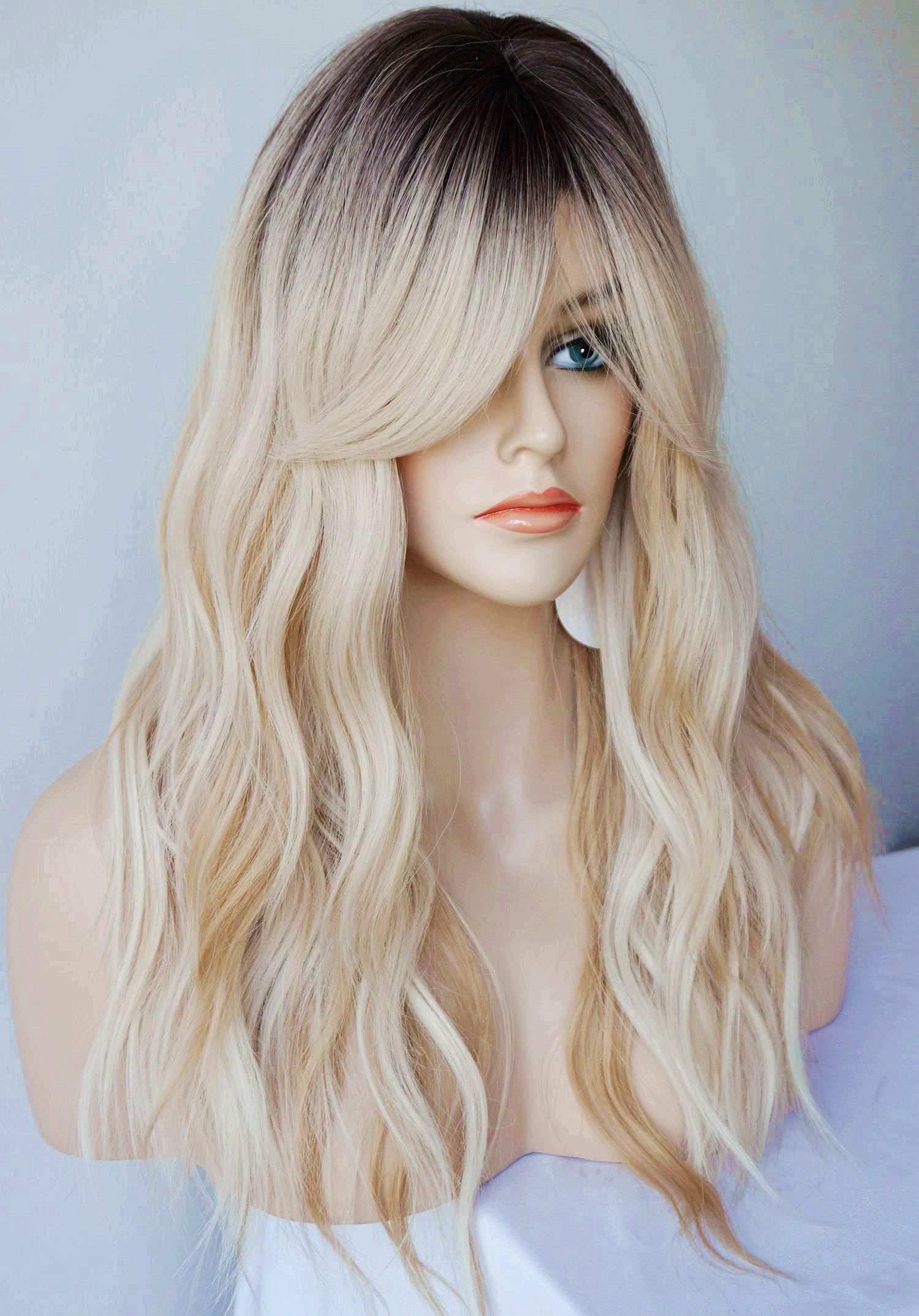 wigbuy Long Blonde Wig for Women Wolf Tail cut wig Synthetic Hair Blonde Ombre with white Highlight Wigs for White Women (Blonde Highlight)